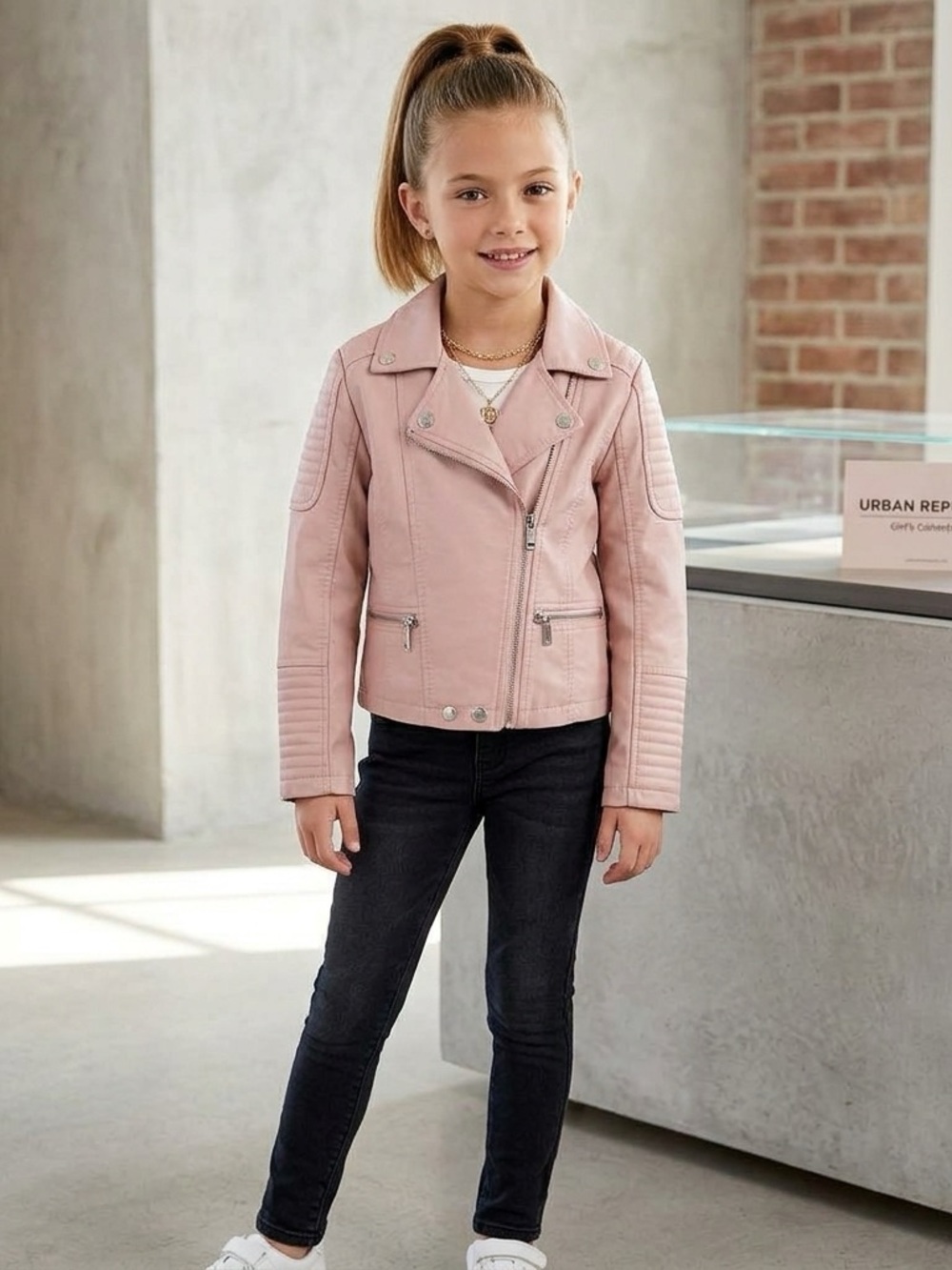 Urban Republic Girls' Light Pink Faux Leather Moto Jacket